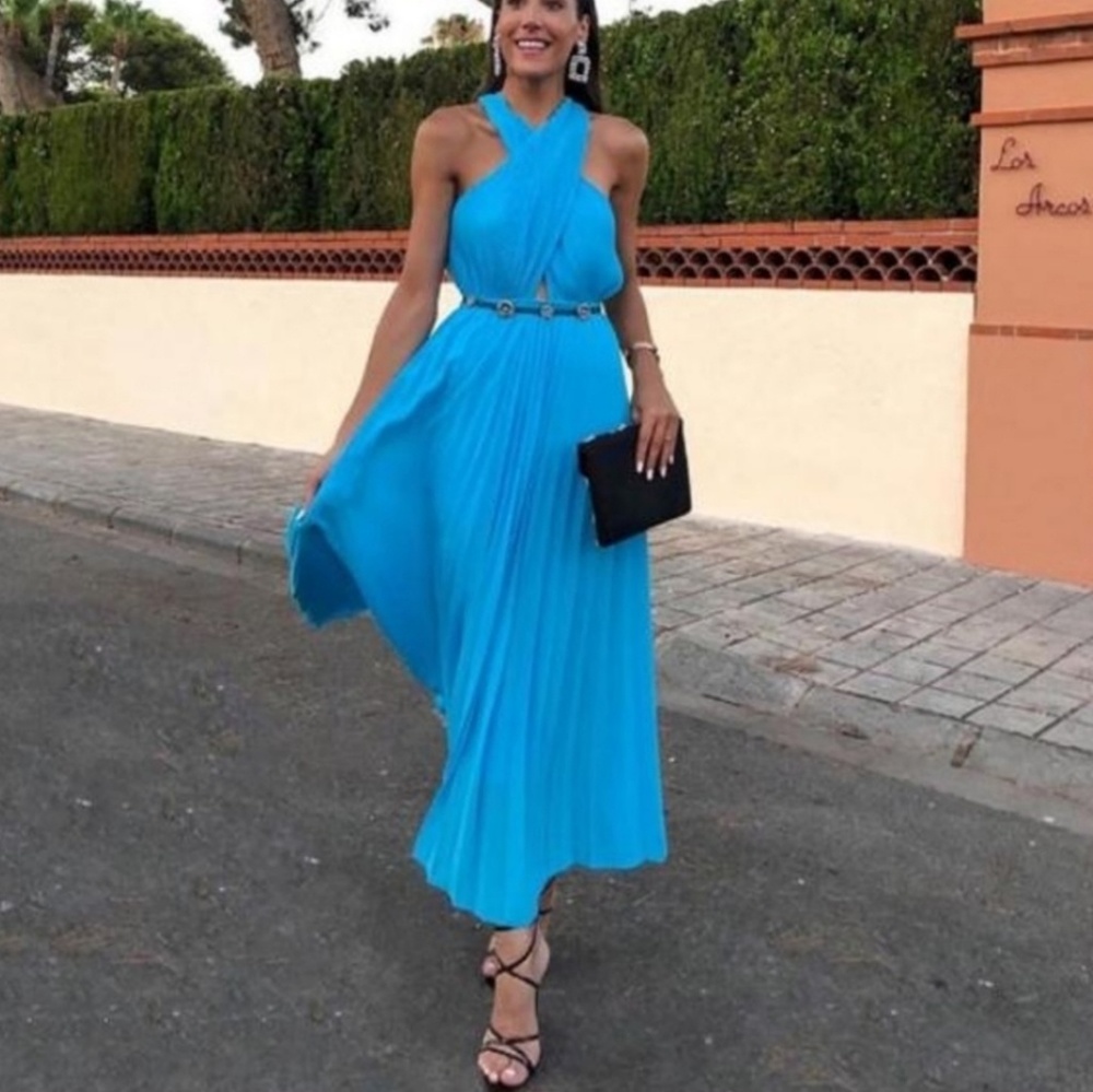 Zara Pleated Wrap Front Maxi Dress Blue XS